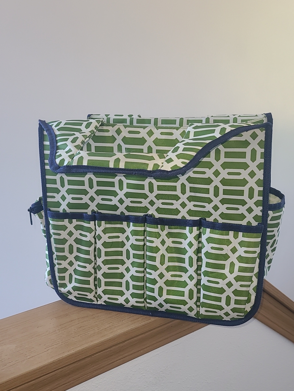 Green Geometric Organizer Tote with Navy Trim